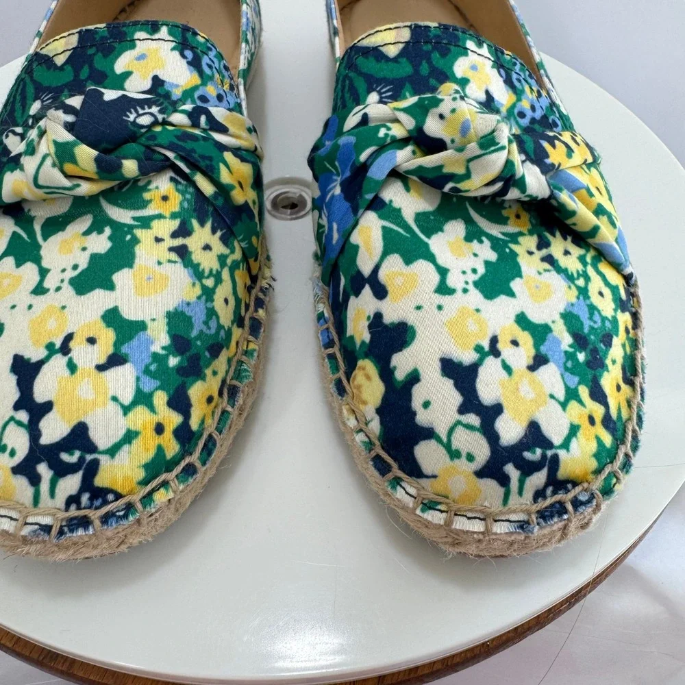 Talbots Womens Floral Canvas Espadrille Loafers Green Blue Yellow Bow 6.5